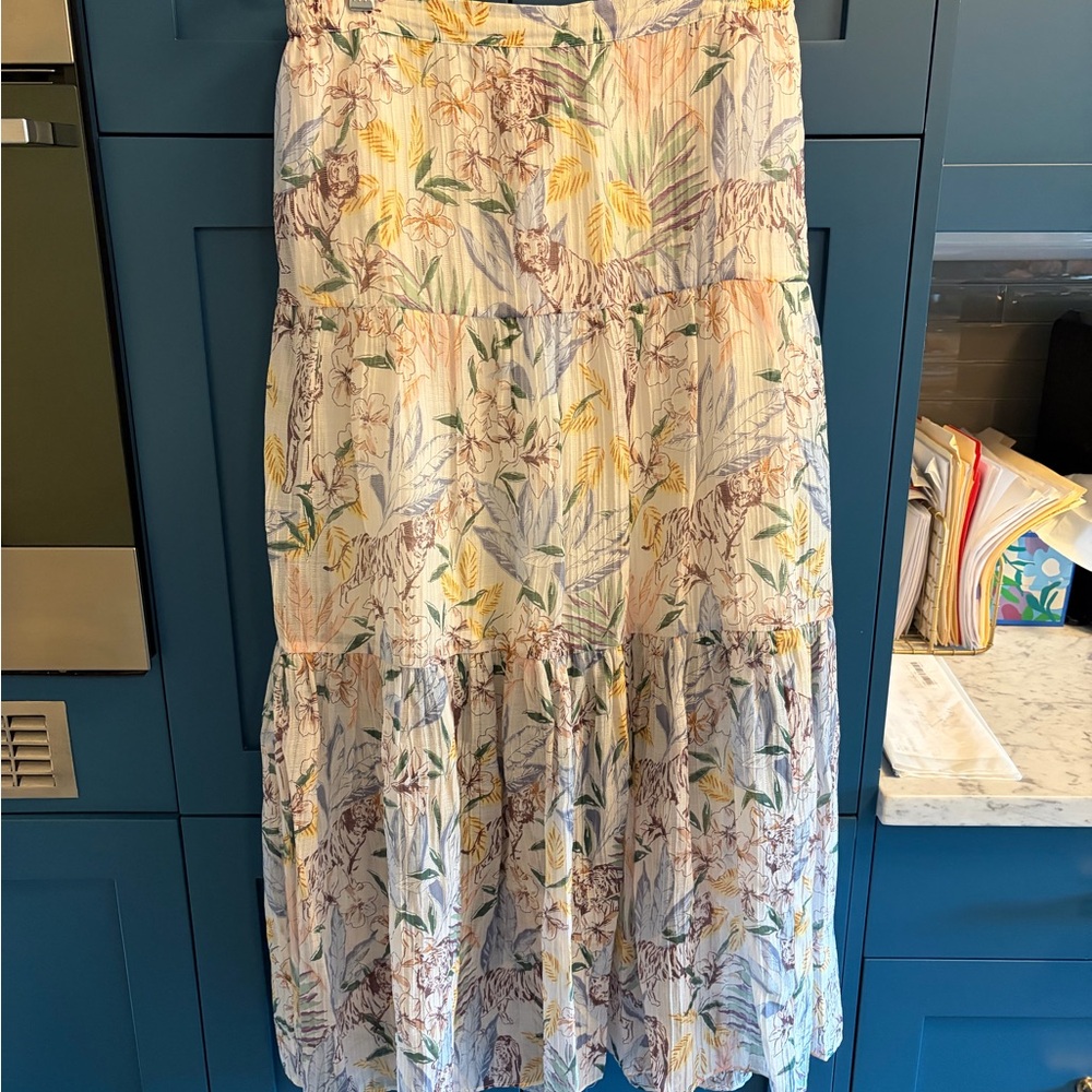 Maje Floral Tiered Maxi Skirt White Tropical Jungle Size 40 US 8 Pull-on Long